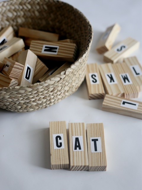 DIY wooden letter blocks for play based learning activities with toddlers